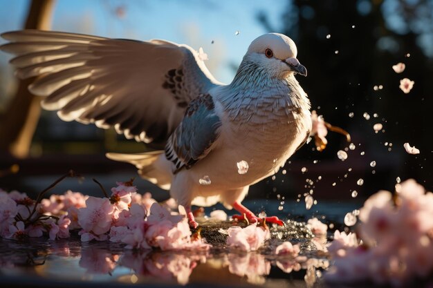 Pigeon lands in sunny garden with crumb generative IA