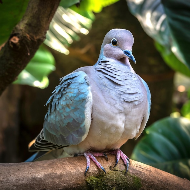 a pigeon sits on a branch with leaves in the background