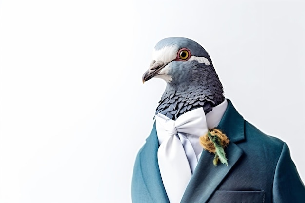 Photo a pigeon wearing a suit and tie with a bow tie