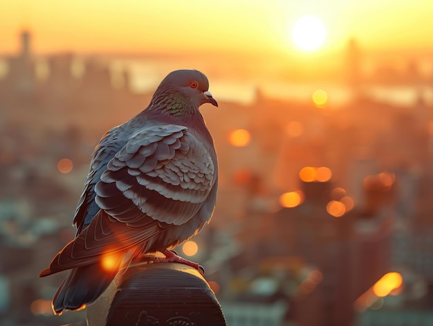 Pigeon wings citydweller perched on a skyscraper urban landscape realistic golden hour lens flare