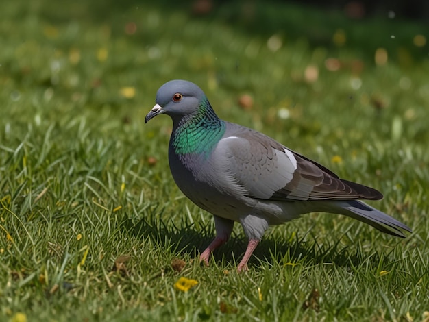 a pigeon with a green and blue head and blue neck is walking in the grass