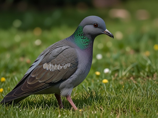 a pigeon with a green and blue head and a green and white patch of grass