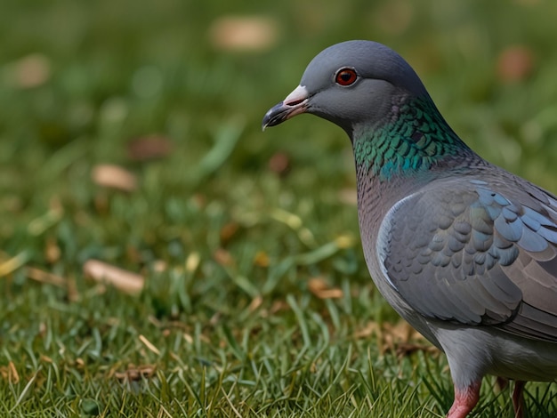 a pigeon with a green and blue head and a red eye