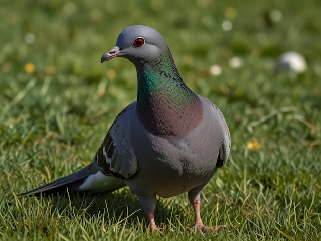 a pigeon with a green and purple head and a green neck