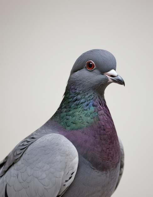 Photo a pigeon with a purple and green face and a white background