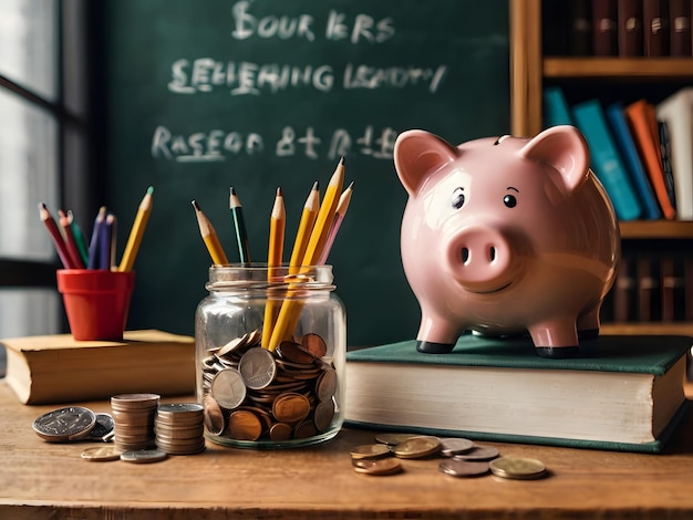 A piggy bank and books that represent savings for studies