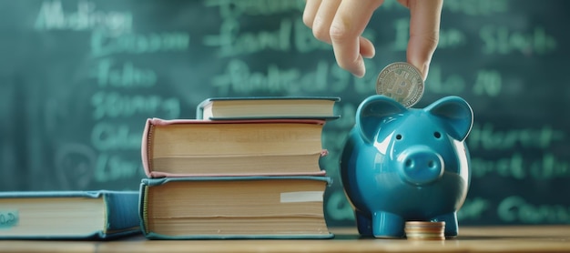 Photo the piggy bank and books