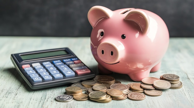 Photo piggy bank next to a calculator and coins