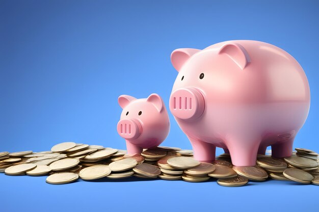 Piggy bank and coins on blue background 3d illustration