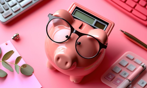 Piggy bank coins notebook and calculator on light blue background flat lay