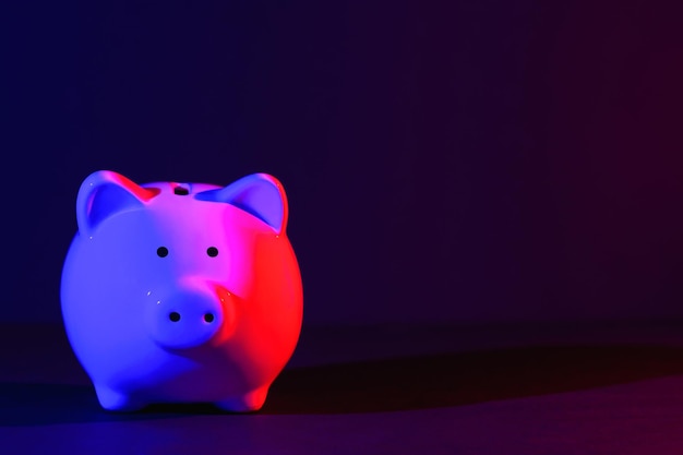 Piggy bank on a dark background with redblue backlight copy space Banking concept Bright neon lights