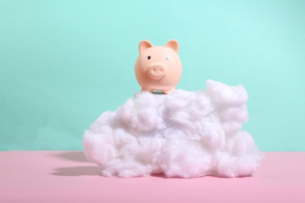 Piggy bank on fluffy cloud Blue pink pastel background Minimalism