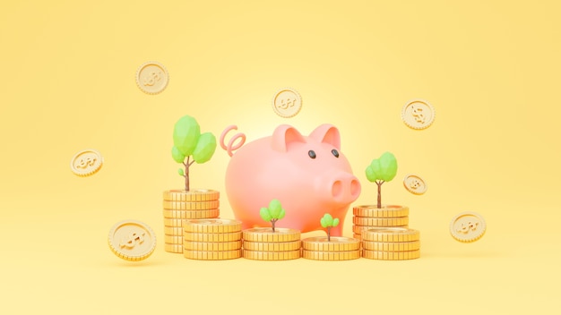 Piggy bank and golden coin for saving money concept in 3d rendering