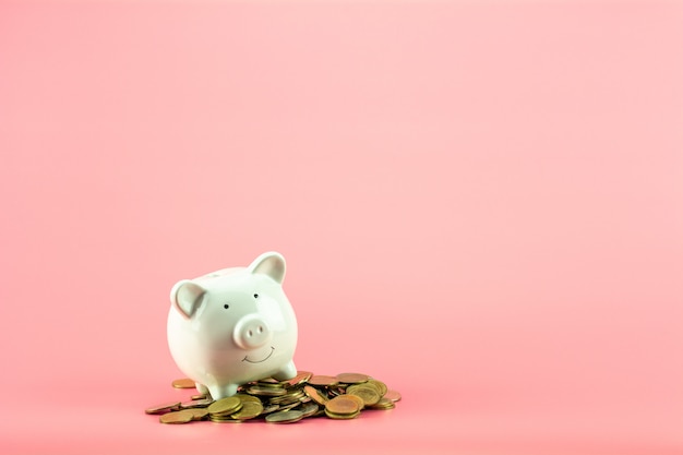 Piggy bank and a golden coins pile on pink