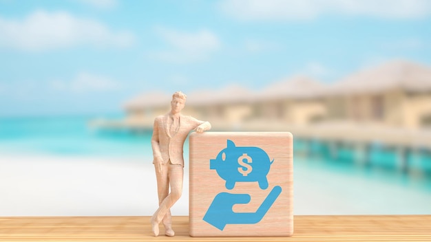 The piggy bank in icon on wood box and Business man for saving or earning concept 3d rendering