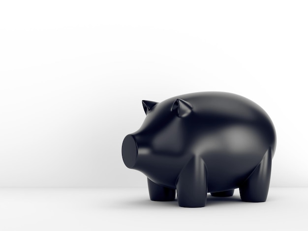 Piggy bank illustration. Black ceramic pig money box over white wall. 3D rendering