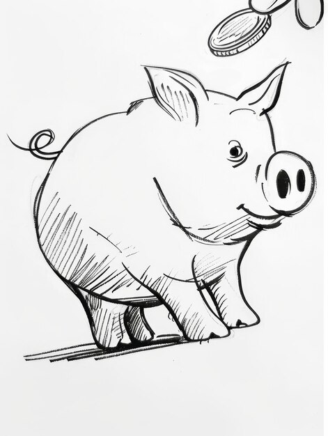 Photo piggy bank illustration a handdrawn illustration of a piggy bank with a coin falling into it