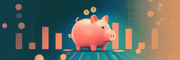 Piggy Bank Illustration with Financial Charts on a Blue and Orange Background