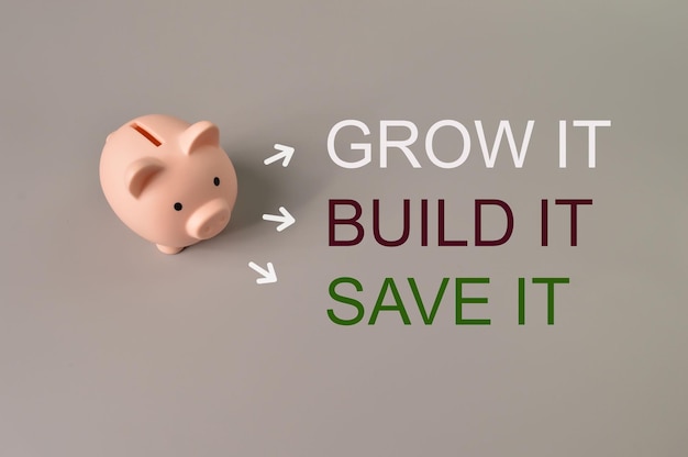 Piggy bank isolated on grey background written with GROW IT BUILD IT and SAVE IT