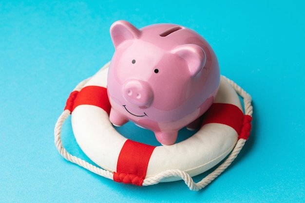 Piggy bank and lifebuoy on a blue background the concept of saving the economy