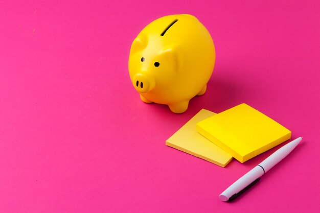 Piggy bank and notebook with a pen