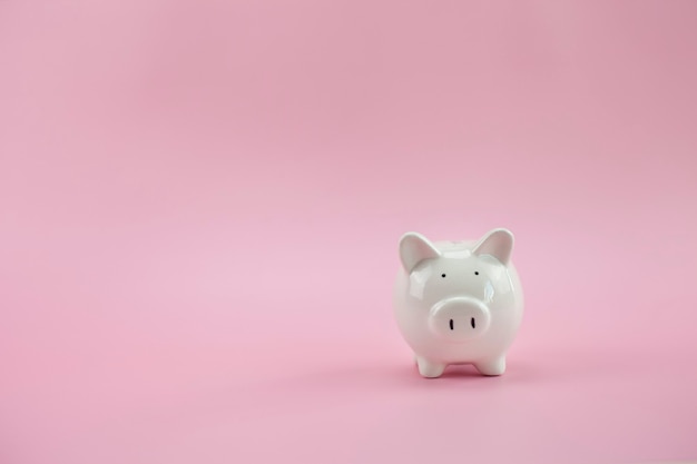 Piggy bank on pastel pink background Business finance saving piggy bank concept Copy space