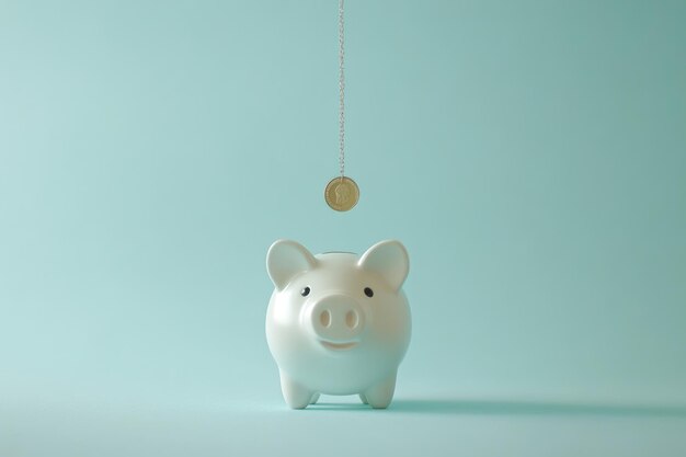 Piggy bank pig on a uniform background a coin is inserted from above