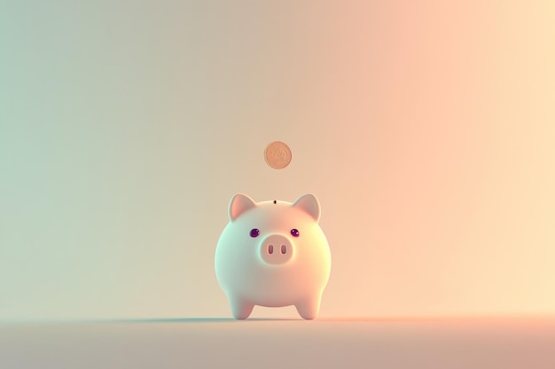 Piggy bank pig on a uniform background a coin is inserted from above