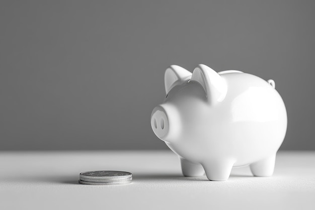 Photo piggy bank pig on a white background a coin is inserted from above