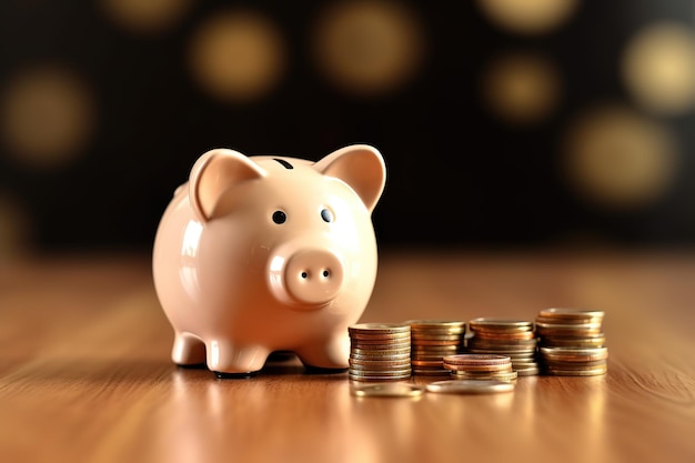 A piggy bank next to a pile of coins.