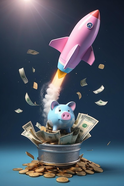 Photo piggy bank riding a rocket with floating money 3d rendering