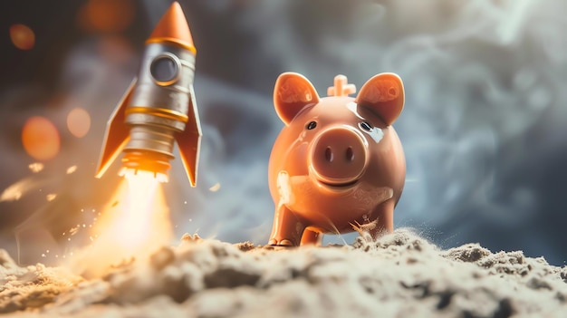 Piggy bank and rocket launching into the sky representing financial growth and success