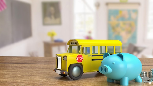 The piggy bank and school bus on class room background for education or saving concept 3d rendering