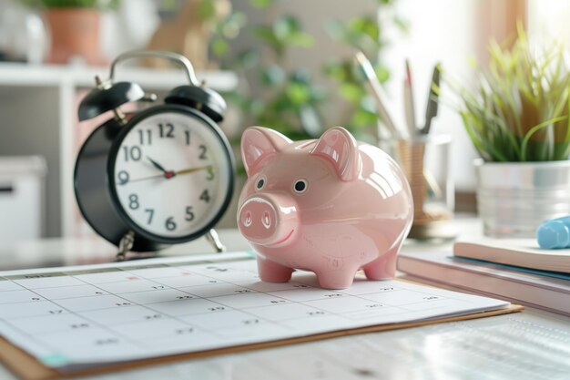 Photo a piggy bank sits on a calendar reminding you of the importance of saving for taxes