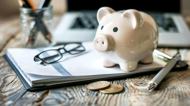 a piggy bank sits on a notebook with a pen and some coins