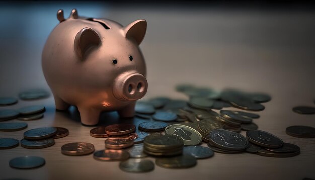 A piggy bank sits on a table with coins scattered around it.