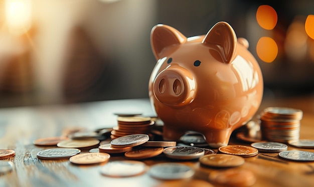 a piggy bank sits on a table with some coins