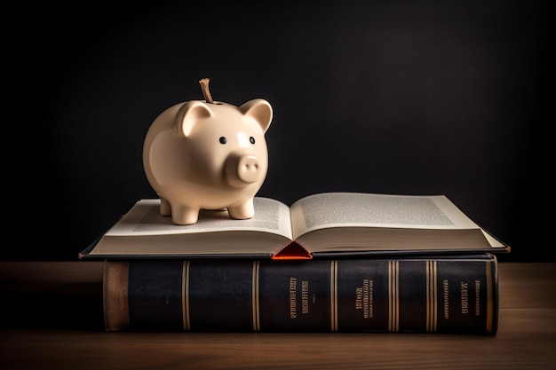 A piggy bank sits on top of a stack of books.