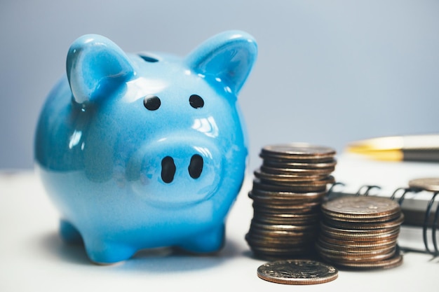 Piggy bank next to a stack of coins Accumulation of money for personal purposes