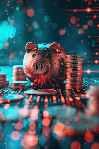 A piggy bank surrounded by stacks of coins with a digital financial background illuminated by vibrant colors and bokeh effects