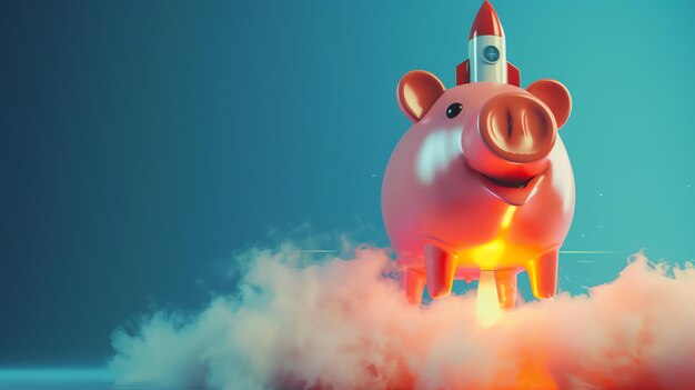 Photo a piggy bank wearing a rocket blasts off with smoke behind it