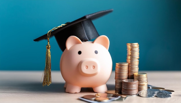 Piggy bank with a black graduation hat with coins as educational loan symbol