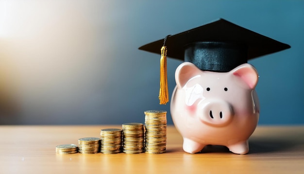 Piggy bank with a black graduation hat with coins as educational loan symbol