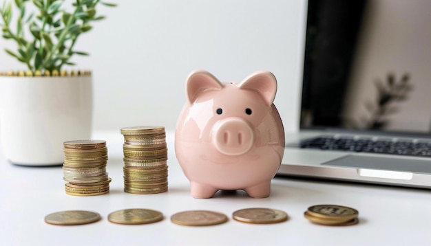 Piggy bank with book and graduated hat on solid background concept of financial education and plan