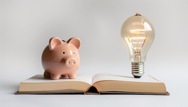 Piggy bank with book and graduated hat on solid background concept of financial education and plan