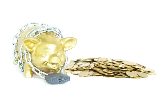 A piggy bank with a chain and padlock