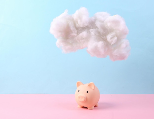 Piggy bank with cloud on pastel pink blue background Invest or credit Creative idea Minimal concept Pastel color trend