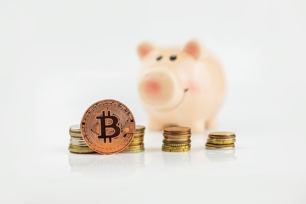 Piggy bank with coin cryptocurrency bitcoin with money for savings