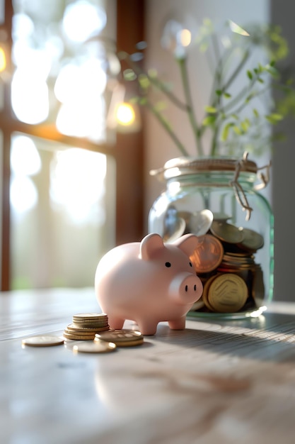 Piggy Bank with Coins and a Savings Goals Jar A simple yet effective arrangement for financial planning budgeting and aiming for the future