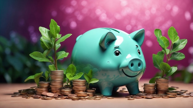 a piggy bank with a dollar sign on it and a plant with a plant in the background